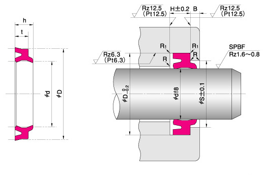 防塵密封（可安裝於一體型溝槽）R=0.3以下、R1=0.5以下 軸桿表面請進行0.8～1.6μmRz（0.2～0.4μｍRa）的拋光加工（SPBF）。※粗細依據JIS B 0601：2001。Pt適用於無法確保規定的評價長度時。