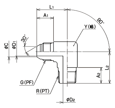 轉接器 設備連接側管用錐度螺紋型（附30°公端密封）090 90° L型 Alt：尺寸圖01