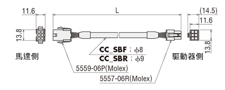 調速馬達 BX系列用連接電纜線 馬達用電纜線尺寸圖