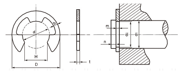 E形扣環（E形環）JIS規格不鏽鋼(SUS304) 尺寸圖