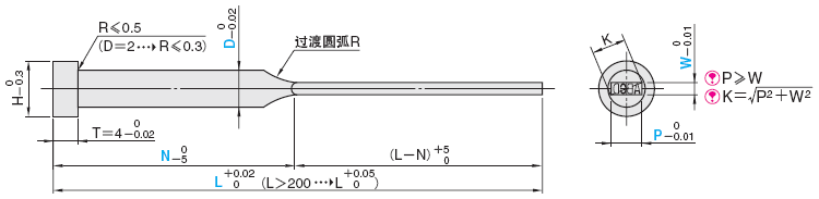 刻印扁推杆 -SKH51/肩部厚度4mm/P?W公差0_-0.01-:相关图像