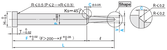 精密级一阶中心销 -SKH51/肩部厚度4mm/轴径(P)0.01mm指定/轴径公差0_-0.005/前端A･V公差±0.01-:相关图像