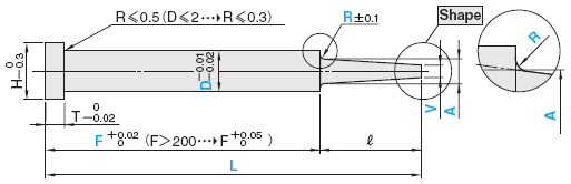 一阶中心销 -SKH51材质/肩部厚度4mm/轴径(D)固定型/轴径公差-0.01_-0.02/前端A･V公差±0.02-:相关图像