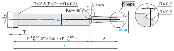 一阶中心销 -SKD61+氮化/轴径(P)0.1mm指定/前端A･V公差±0.01/±0.02-:相关图像