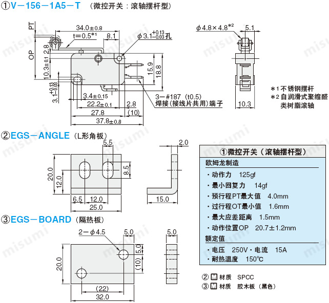 米思米推板回位确认开关 -接触型-尺寸图