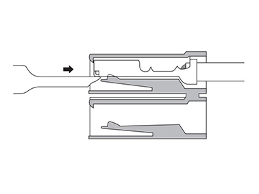 2.拔除工具前端押下外殼矛頭，連接器即可自由活動。