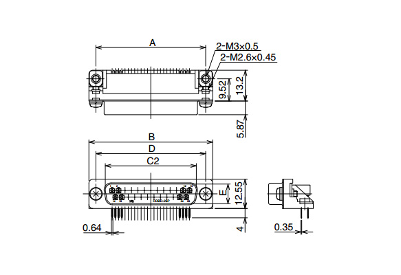 尺寸圖 ※圖為使用RDBD-25P（55） 板安裝部螺絲：M2.6 × 0.45（公制螺絲） 接地零件（基板安裝部）：M3 × 0.5