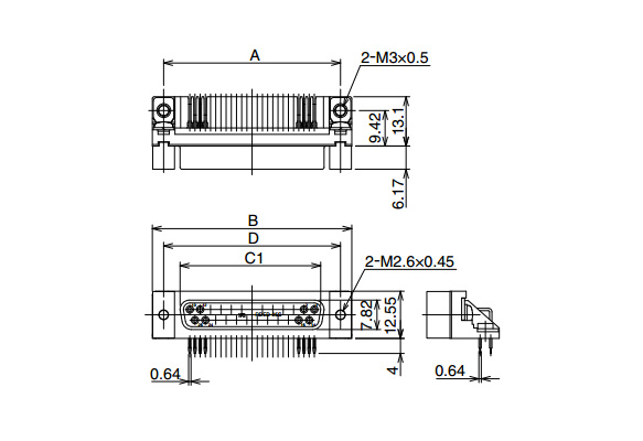 尺寸圖 ※圖為使用RDBD-25S-LN（55） 長方形嵌合螺絲部分：M2.6 × 0.45（公制螺絲） 接地零件（基板安裝部）：M3 × 0.5