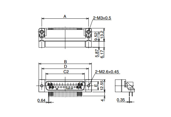 尺寸圖 ※圖為使用RDBD-25P-LN（55） 長方形嵌合螺絲部分：M2.6 × 0.45（公制螺絲） 接地零件（基板安裝部）：M3 × 0.5