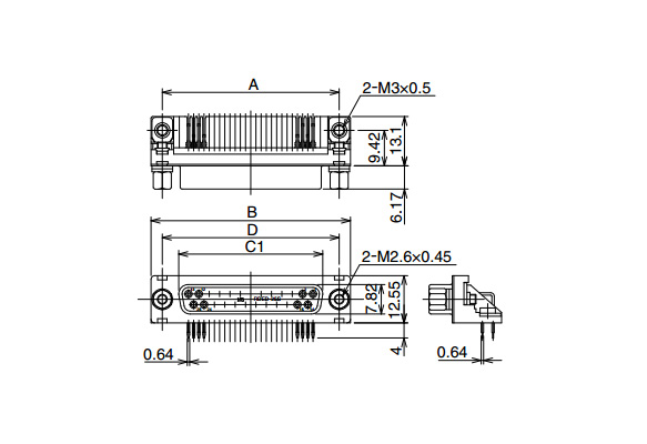 尺寸圖 ※圖為使用RDBD-25S-LNA（55） 六角形嵌合螺絲部分：M2.6 × 0.45（公制螺絲） 接地零件（基板安裝部）：M3 × 0.5