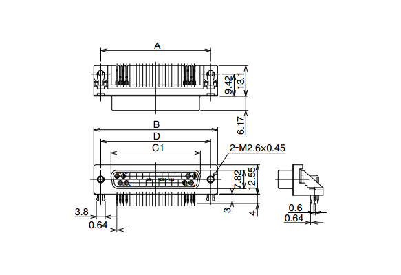 尺寸圖 ※圖中使用RDBD-25SE1/M2.6（55） 六角形嵌合螺絲：無（可對應用途從專用鎖定螺絲中選擇） 接地零件（基板安裝部）：附暫時固定基板用簡易鎖定插銷 適用基板厚度：1.6mm 註）無法使用HD-LN的螺絲。
