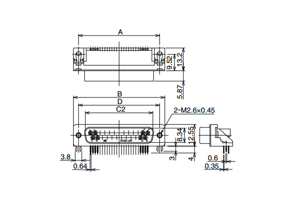 尺寸圖 ※圖中使用RDBD-25PE1/M2.6（55） 六角形嵌合螺絲：無（可對應用途從專用鎖定螺絲中選擇） 接地零件（基板安裝部）：附暫時固定基板用簡易鎖定插銷 適用基板厚度：1.6mm 註）無法使用HD-LN的螺絲。