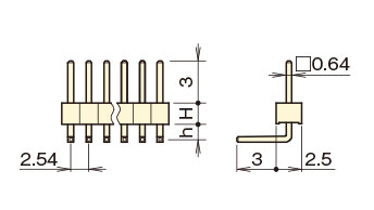 PBT4830 ピンヘッダー/PSR-40 ピン(角ピン)2.54mmピッチ ライトアングル(1列/2列/3列) 外形図1