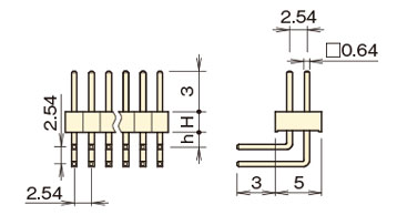 PBT4830 ピンヘッダー/PSR-40 ピン(角ピン)2.54mmピッチ ライトアングル(1列/2列/3列) 外形図2