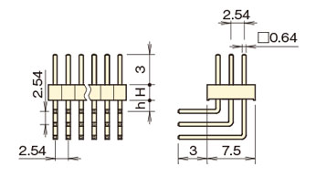 PBT4830 ピンヘッダー/PSR-40 ピン(角ピン)2.54mmピッチ ライトアングル(1列/2列/3列) 外形図3