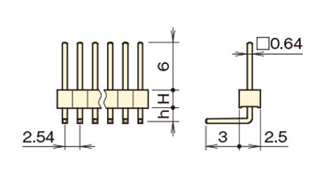 PBT4830 ピンヘッダー/PSR-40 ピン(角ピン)2.54mmピッチ ライトアングル(1列/2列/3列) 外形図4