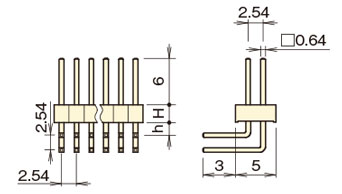 PBT4830 ピンヘッダー/PSR-40 ピン(角ピン)2.54mmピッチ ライトアングル(1列/2列/3列) 外形図5