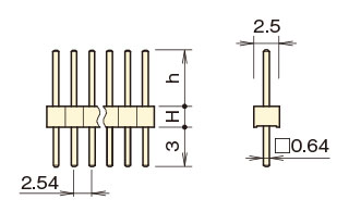 PBT4830 ピンヘッダー PSS-41 ピン（角ピン） 2.54mmピッチ ストレート（1列） 外形図3