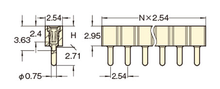 PCT製品 ピンヘッダー/FRS-41 ソケット(丸ピン)2.54mmピッチ ストレート(1列) 外形図02
