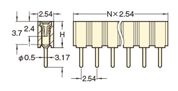 PCT製品 ピンヘッダー/FRS-41 ソケット(丸ピン)2.54mmピッチ ストレート(1列) 外形図05