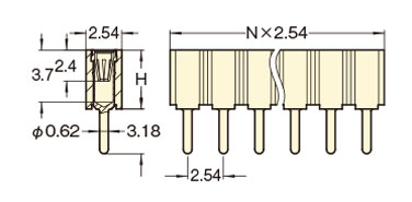 PCT製品 ピンヘッダー/FRS-41 ソケット(丸ピン)2.54mmピッチ ストレート(1列) 外形図07