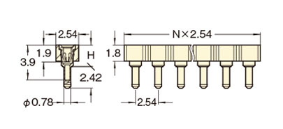 PCT製品 ピンヘッダー/FRS-41 ソケット(丸ピン)2.54mmピッチ ストレート(1列) 外形図01