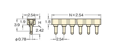 PCT製品 ピンヘッダー/FRS41-F ソケット(丸ピン)2.54mmピッチ ストレート(1列) 外形図01