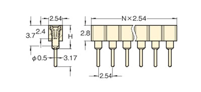 PCT製品 ピンヘッダー/FRS41-F ソケット(丸ピン)2.54mmピッチ ストレート(1列) 外形図04