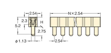 PCT製品 ピンヘッダー/FRS41-F ソケット(丸ピン)2.54mmピッチ ストレート(1列) 外形図06