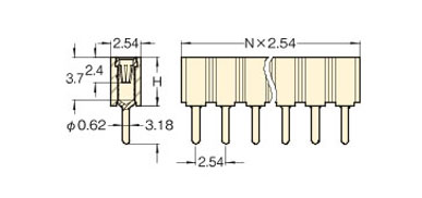 PCT製品 ピンヘッダー/FRS41-F ソケット(丸ピン)2.54mmピッチ ストレート(1列) 外形図07