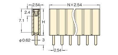 PCT製品 ピンヘッダー/FRS41-F ソケット(丸ピン)2.54mmピッチ ストレート(1列) 外形図10
