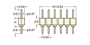 PCT製品 ピンヘッダー/PRS-41 ピン(丸ピン)2.54mmピッチ ストレート(1列) 外形図01