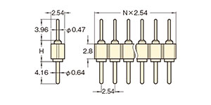 PCT製品 ピンヘッダー/PRS-41 ピン(丸ピン)2.54mmピッチ ストレート(1列) 外形図02