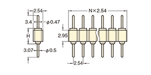 PCT製品 ピンヘッダー/PRS-41 ピン(丸ピン)2.54mmピッチ ストレート(1列) 外形図03