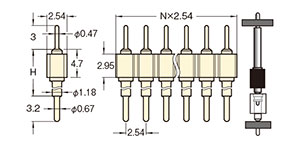 PCT製品 ピンヘッダー/PRS-41 ピン(丸ピン)2.54mmピッチ ストレート(1列) 外形図04