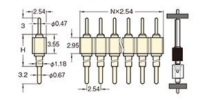 PCT製品 ピンヘッダー/PRS-41 ピン(丸ピン)2.54mmピッチ ストレート(1列) 外形図05