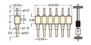 PCT製品 ピンヘッダー/PRS-41 ピン(丸ピン)2.54mmピッチ ストレート(1列) 外形図06