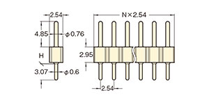 PCT製品 ピンヘッダー/PRS-41 ピン(丸ピン)2.54mmピッチ ストレート(1列) 外形図08