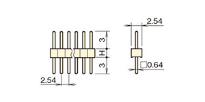 ガラスエポキシ ピンヘッダー/PGS-40 ピン(角ピン) 2.54mmピッチ ストレート(1列/2列) 外形図01