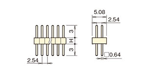 ガラスエポキシ ピンヘッダー/PGS-40 ピン(角ピン) 2.54mmピッチ ストレート(1列/2列) 外形図02