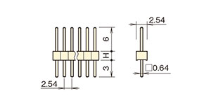 ガラスエポキシ ピンヘッダー/PGS-40 ピン(角ピン) 2.54mmピッチ ストレート(1列/2列) 外形図03