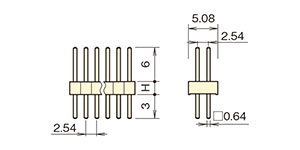 ガラスエポキシ ピンヘッダー/PGS-40 ピン(角ピン) 2.54mmピッチ ストレート(1列/2列) 外形図04