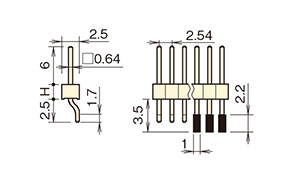ナイロン ピンヘッダー PSL-40 ピン（角ピン） 2.54mmピッチ SMTライトアングル（1列/2列） 外形図03