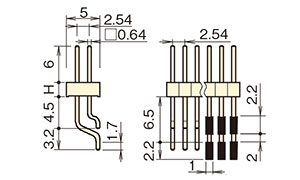 ナイロン ピンヘッダー PSL-40 ピン（角ピン） 2.54mmピッチ SMTライトアングル（1列/2列） 外形図04