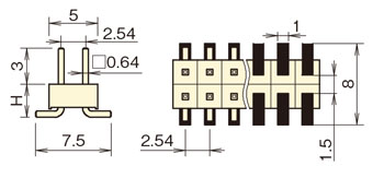 ナイロン ピンヘッダー/PSM-42 ピン(角ピン)2.54mmピッチ SMTストレート(2列) 外形図01