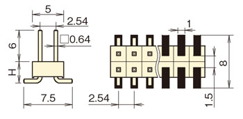 ナイロン ピンヘッダー/PSM-42 ピン(角ピン)2.54mmピッチ SMTストレート(2列) 外形図03