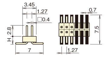 ナイロン ピンヘッダー/PSM-72 ピン(角ピン)1.27mmピッチ SMT(2列) 外形図1