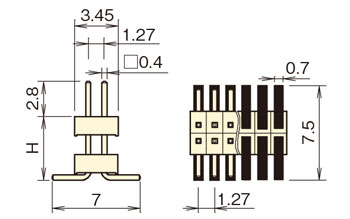 ナイロン ピンヘッダー/PSM-72 ピン(角ピン)1.27mmピッチ SMT(2列) 外形図2