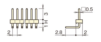 ナイロン ピンヘッダー/PSR-20 ピン(角ピン)2.00mmピッチ ライトアングル(1列/2列) 外形図01