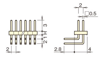 ナイロン ピンヘッダー/PSR-20 ピン(角ピン)2.00mmピッチ ライトアングル(1列/2列) 外形図02